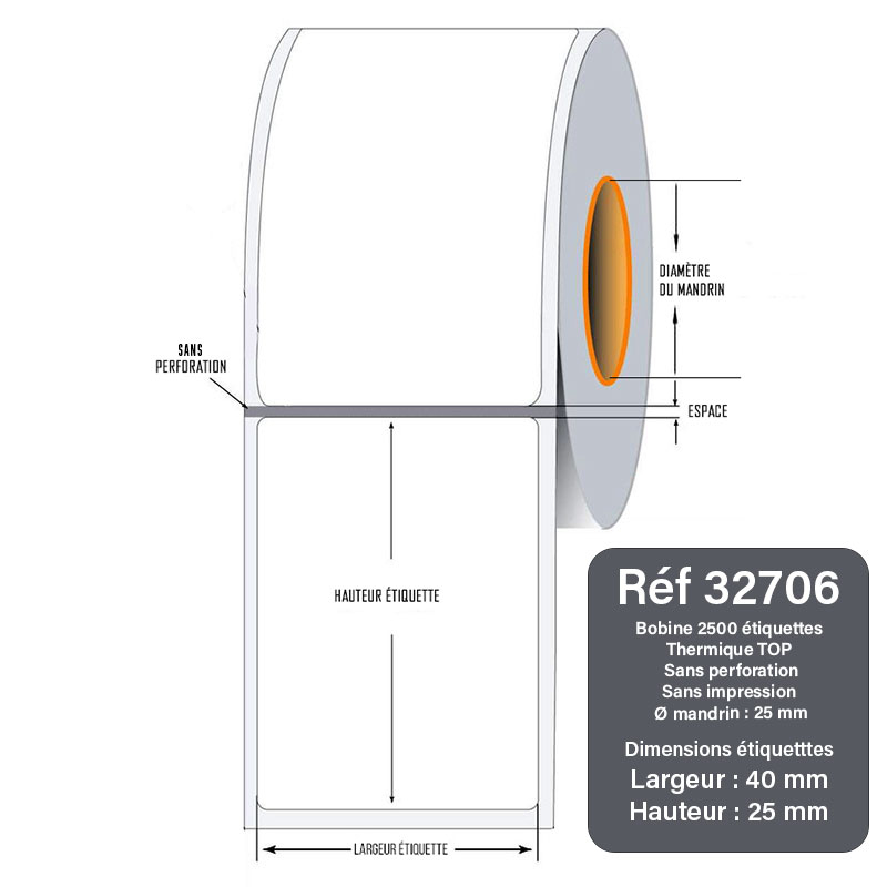 Bobine 2500 étiquettes Thermique TOP 40x25 mm spécial tube