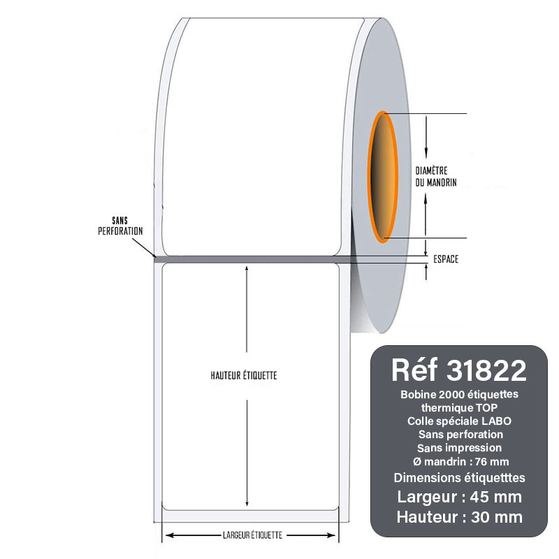 Bobine 2000 étiquettes 45X30 mm Thermique TOP spéciales labo
