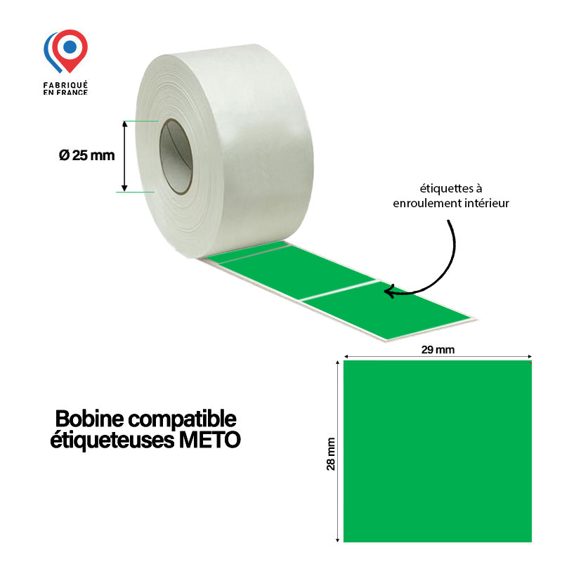 Bobine de 700 étiquettes adhésives vertes 29x28 mm pour pistolet d'étiquetage