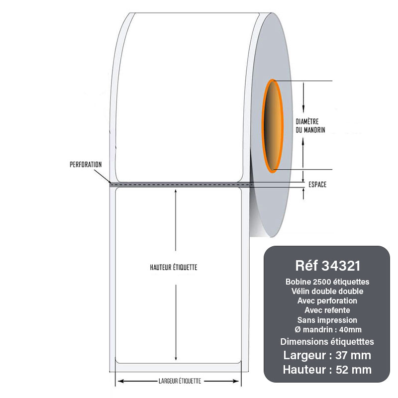 Bobine 2500 étiquettes 37x52 mm Vélin double double