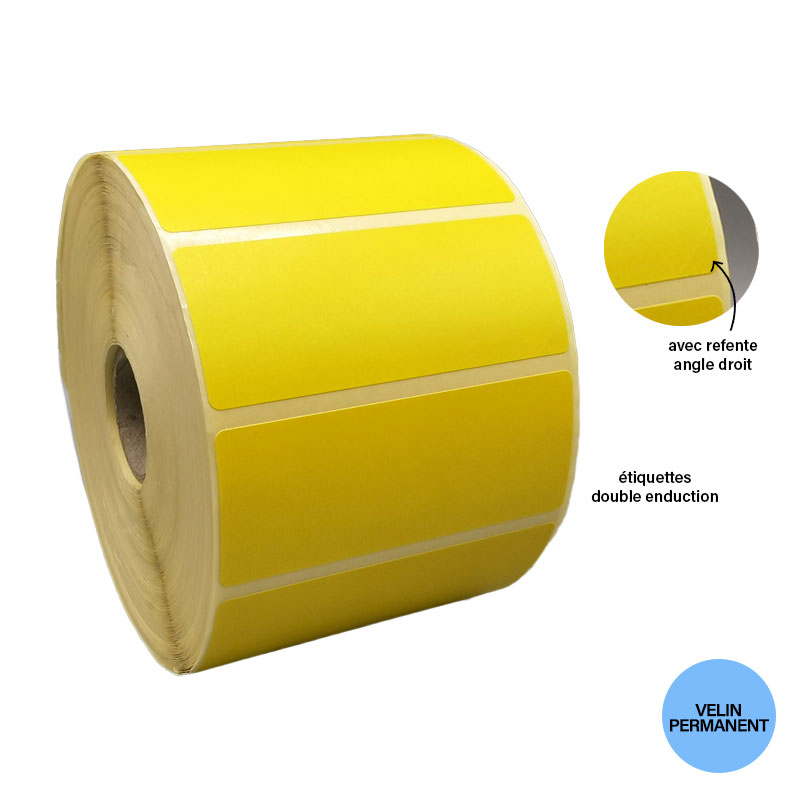 Bobine 2000 étiquettes jaunes 75x30 mm double enduction vélin permanent