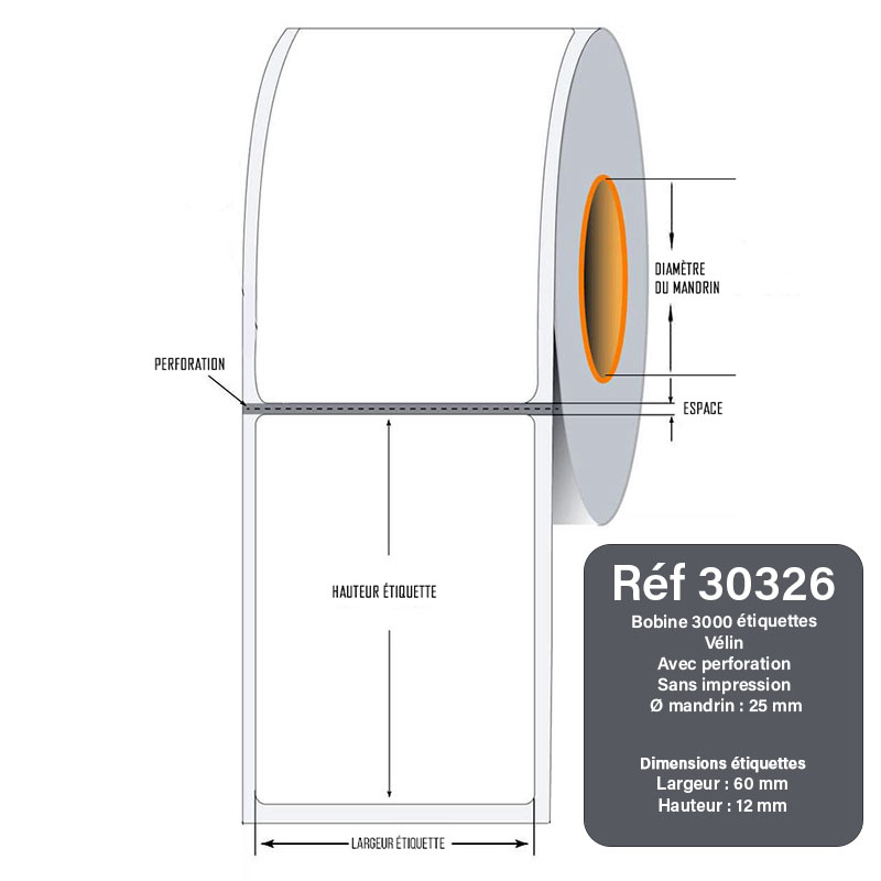 Bobine 3000 étiquettes vélin 60x12 mm avec refente