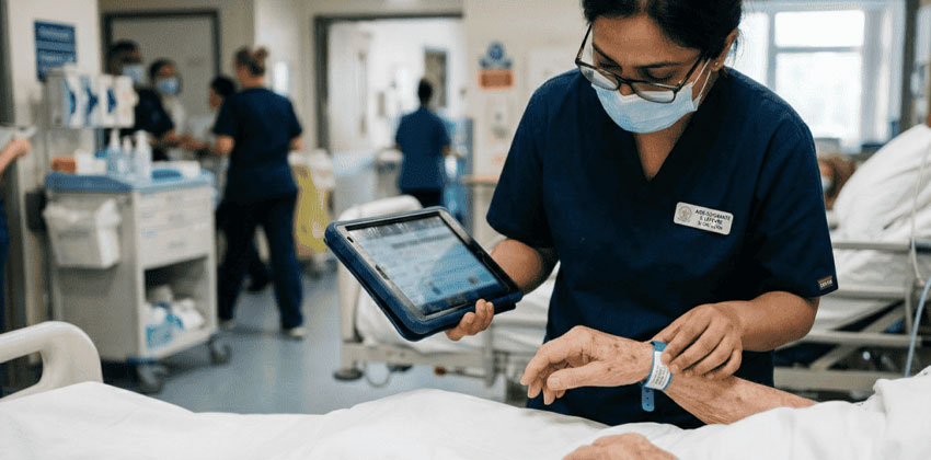 Infirmière avec patient à l'hôpital. (identitovigilance)